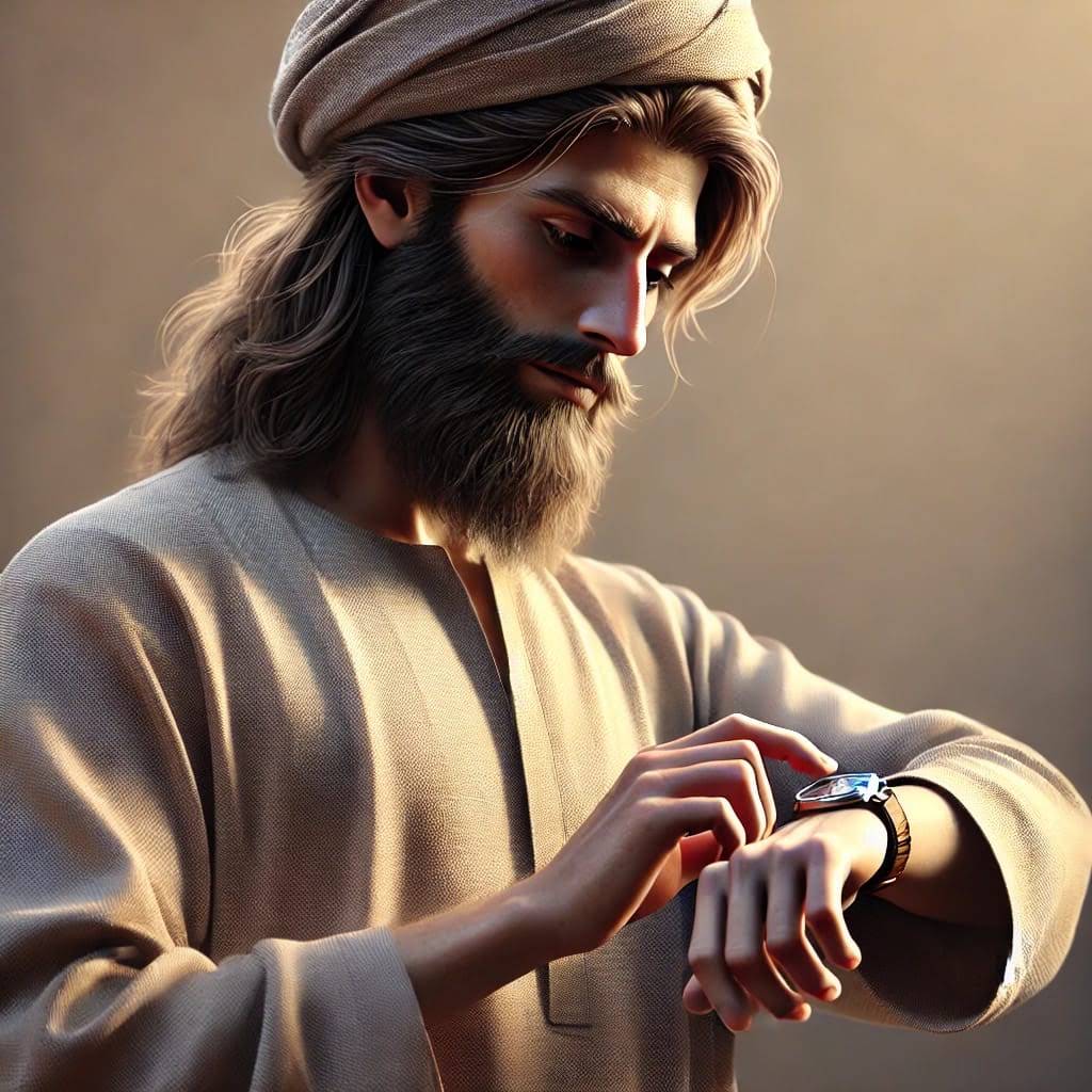 رسم للشاعر ينظر إلى ساعة معصمه